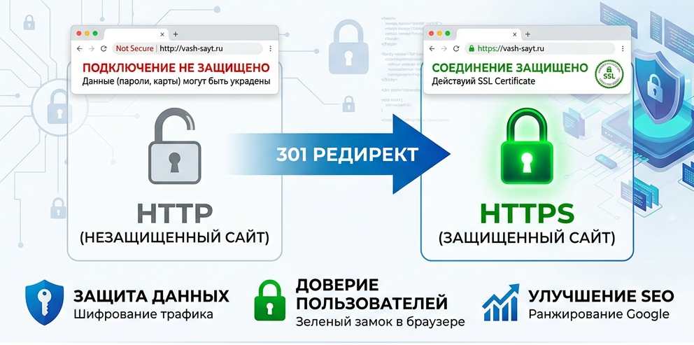 Схема: http → 301 → https, замок, предупреждение браузера. Схема: http → 301 → https, замок, предупреждение браузера.